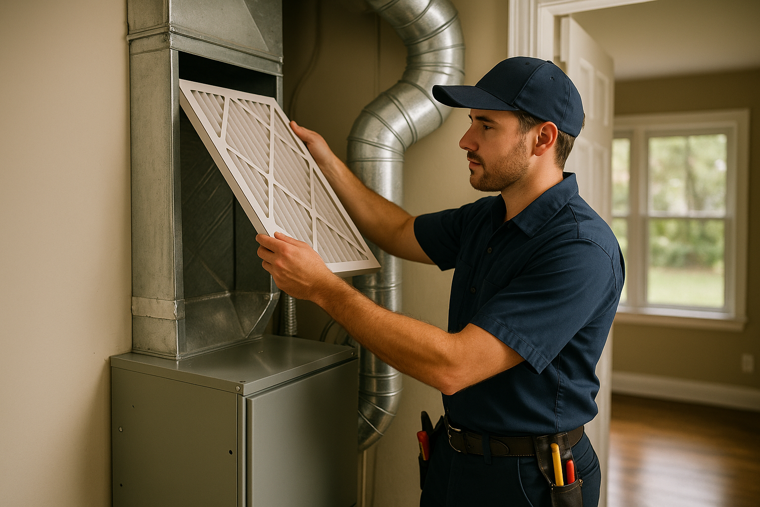 Editorial illustration depicting hvac filter change frequency gainesville humid climate