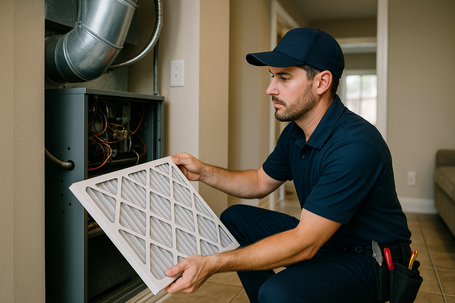 Editorial illustration depicting hvac filter replacement gainesville fl humid climate